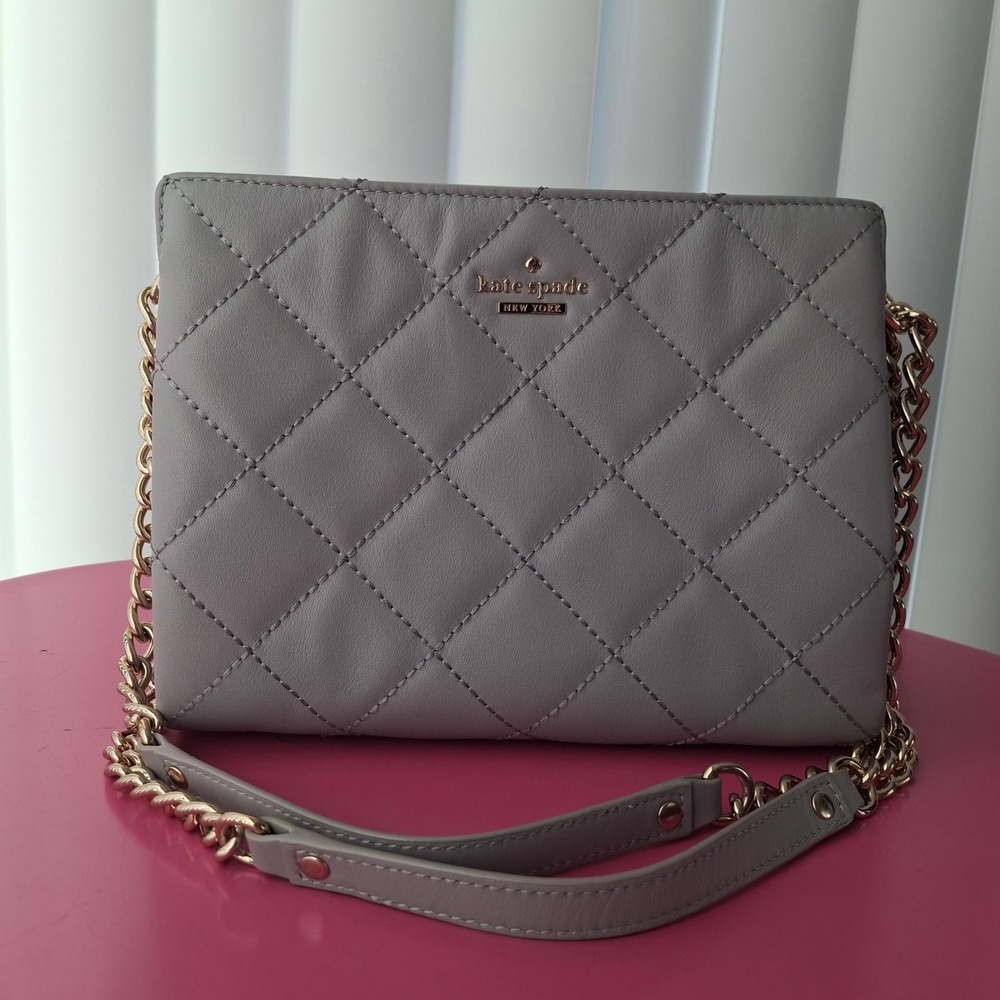 Kate Spade Emerson Place Quilted Bag Grey Leather Gold Chain Purse Double Handle